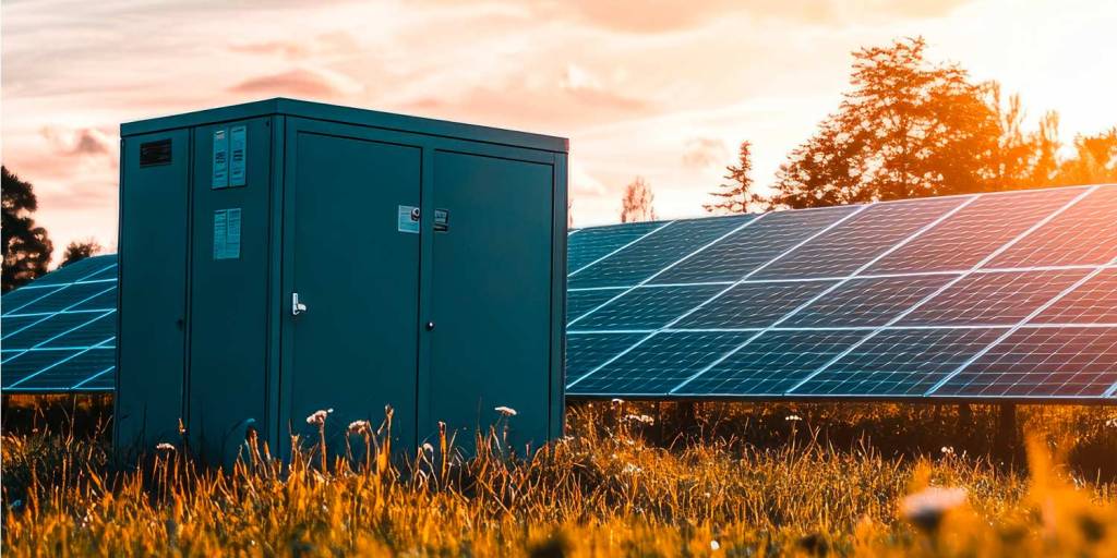 placa solar ao lado de uma bateria demonstrando o funcionamento de armazenamento de energia