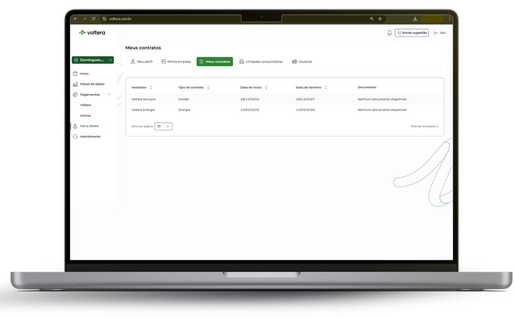Tela da funcionalidade Dados da Empresa na plataforma de gestão de energia da Voltera