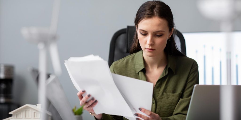 Mulher analisando contas com expressão preocupada ao perceber que ficará sem contrato de energia