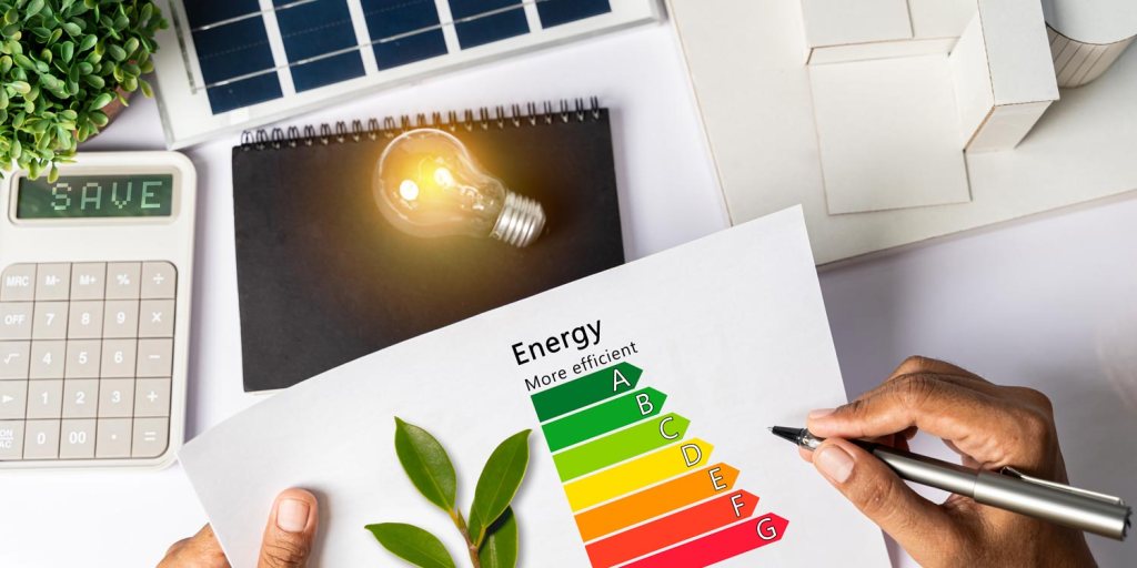 calculadora e planilha de eficiência energética em cima da mesa de escritório